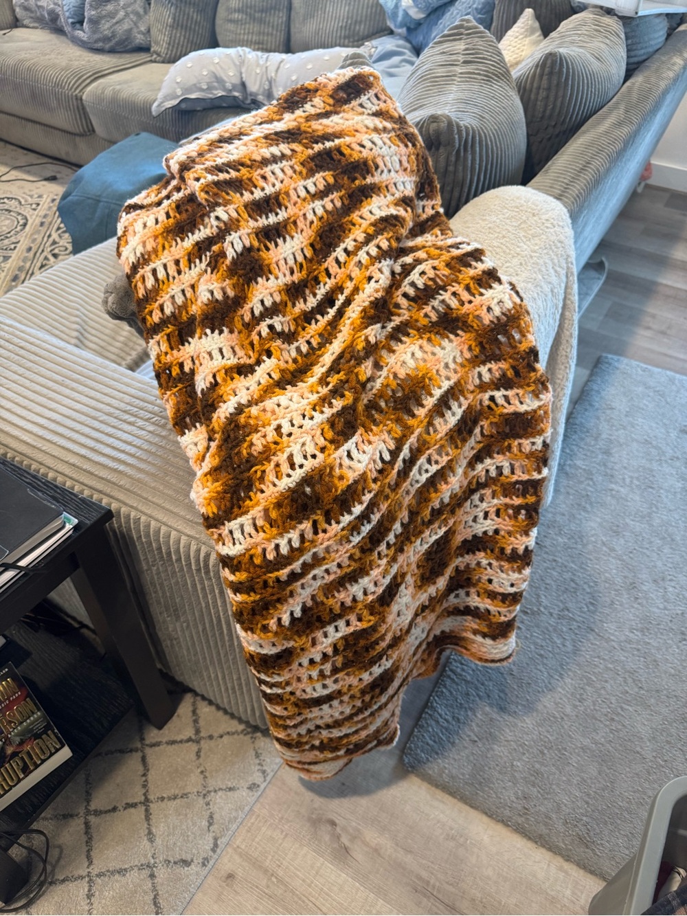 Vintage 50X50 Orange, Brown, Cream, Coral Handmade Crochet Blanket Retro Y2K